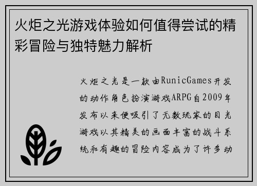 火炬之光游戏体验如何值得尝试的精彩冒险与独特魅力解析